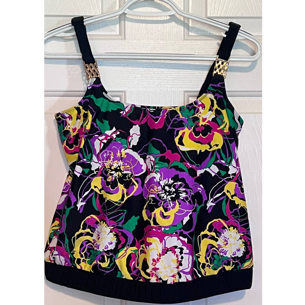 Catalina Women's Tankini Swimwear Black Floral Multicolor Size M 8-10 14" Long x